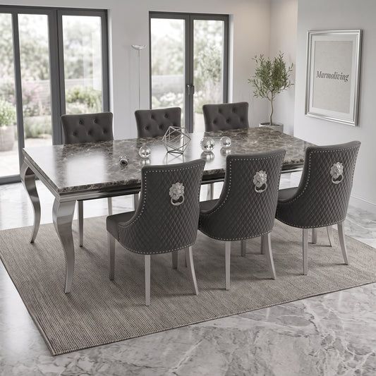 Louis Black Marble Dining Set with Majestic Dark Grey Velvet Chairs