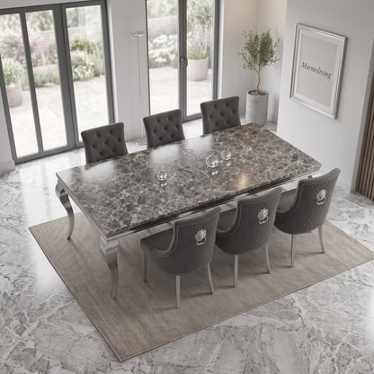 Louis Black Marble Dining Set with Majestic Dark Grey Velvet Chairs