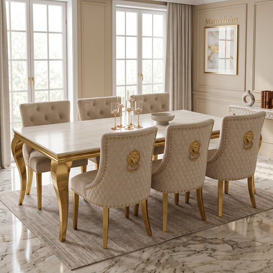 Louis Cream Gold Marble Dining Set with Majestic Mink Velvet Chairs with Gold Legs