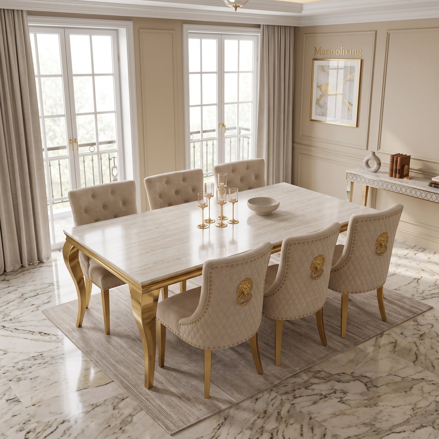 Louis Cream Gold Marble Dining Set with Majestic Mink Velvet Chairs with Gold Legs