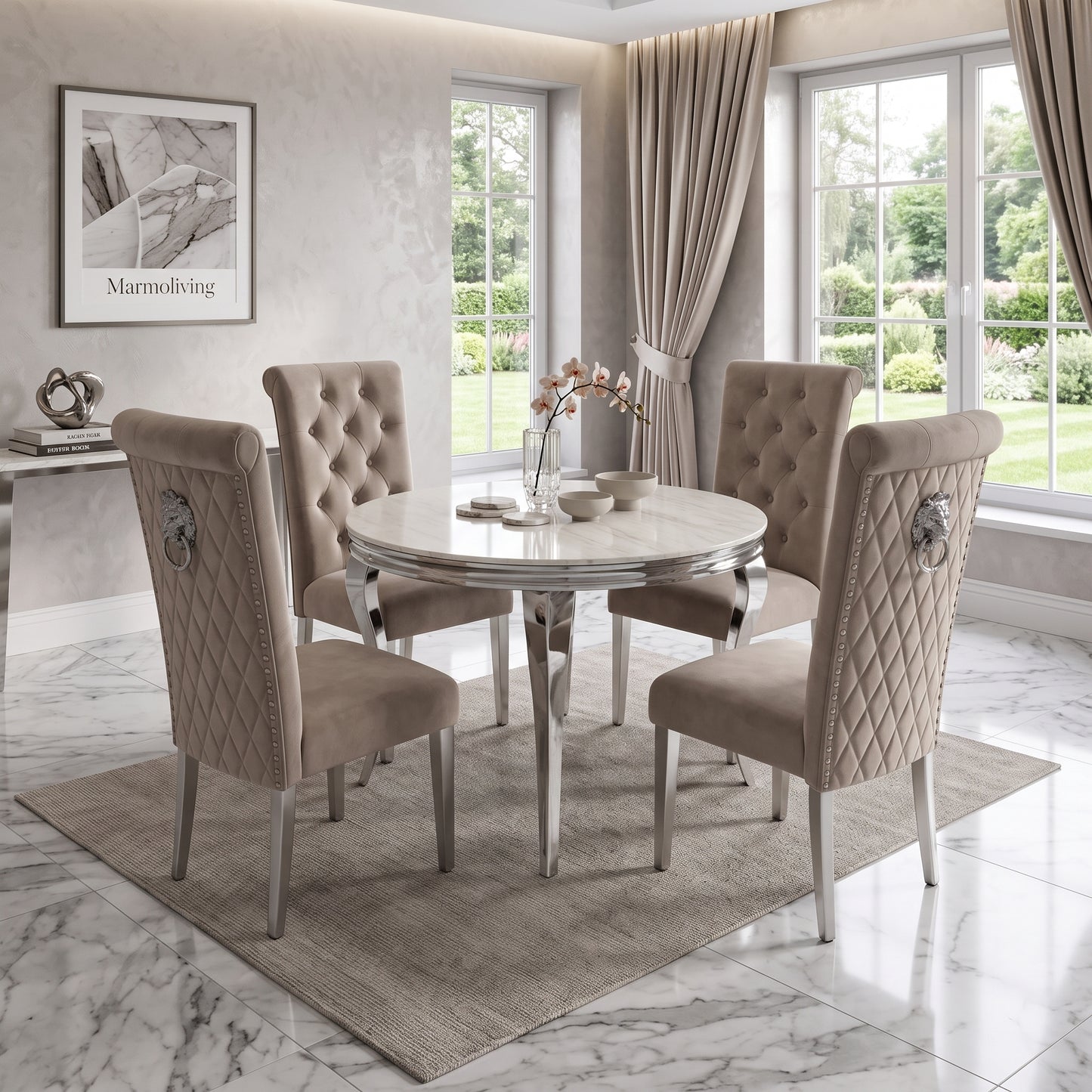 Louis Cream Marble Round Dining Set with Lucy Mink Velvet Chairs
