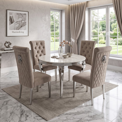 Louis Cream Marble Round Dining Set with Lucy Mink Velvet Chairs