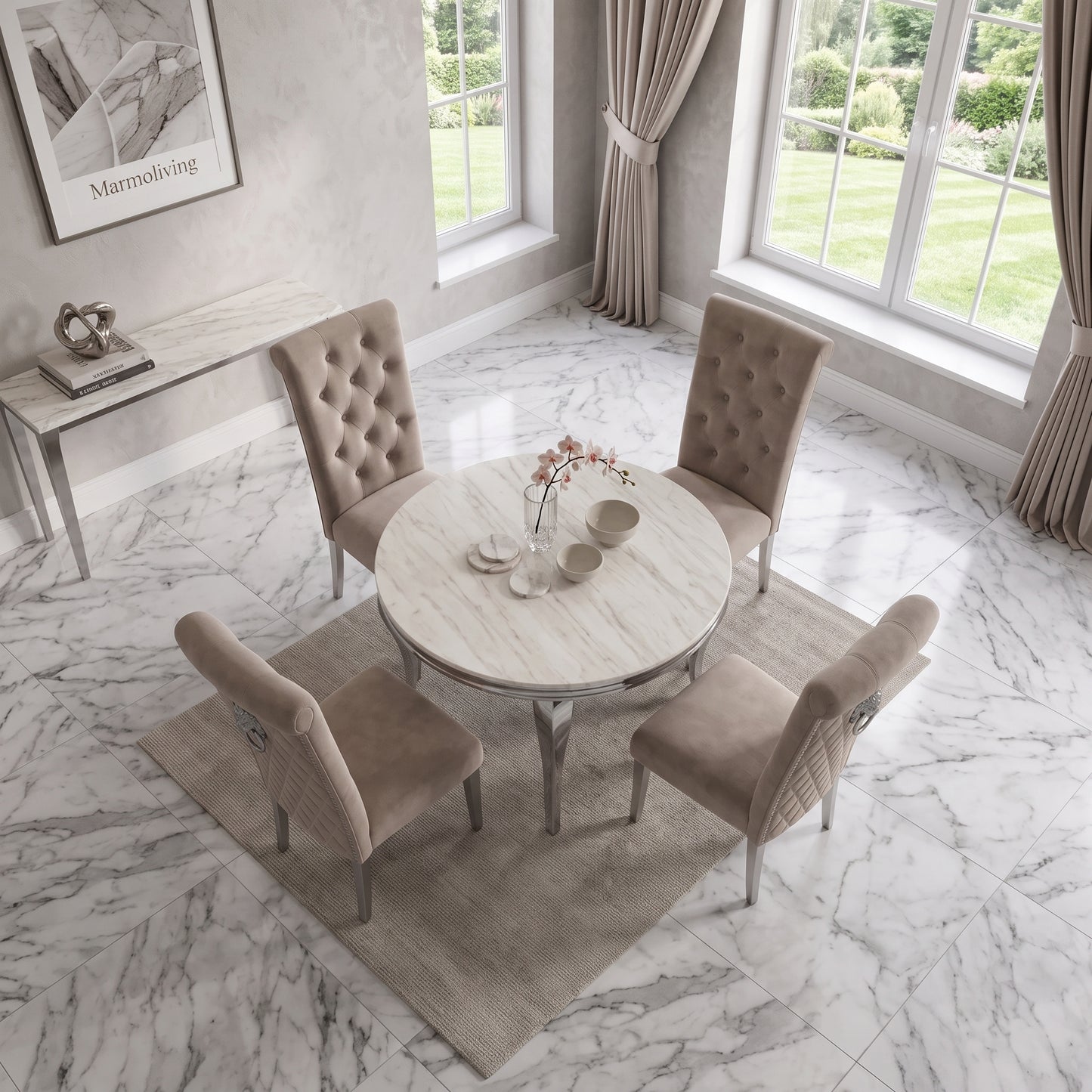 Louis Cream Marble Round Dining Set with Lucy Mink Velvet Chairs