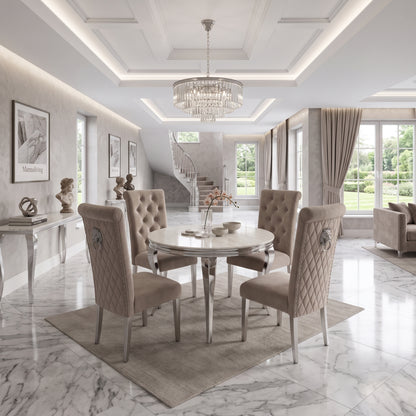 Louis Cream Marble Round Dining Set with Lucy Mink Velvet Chairs