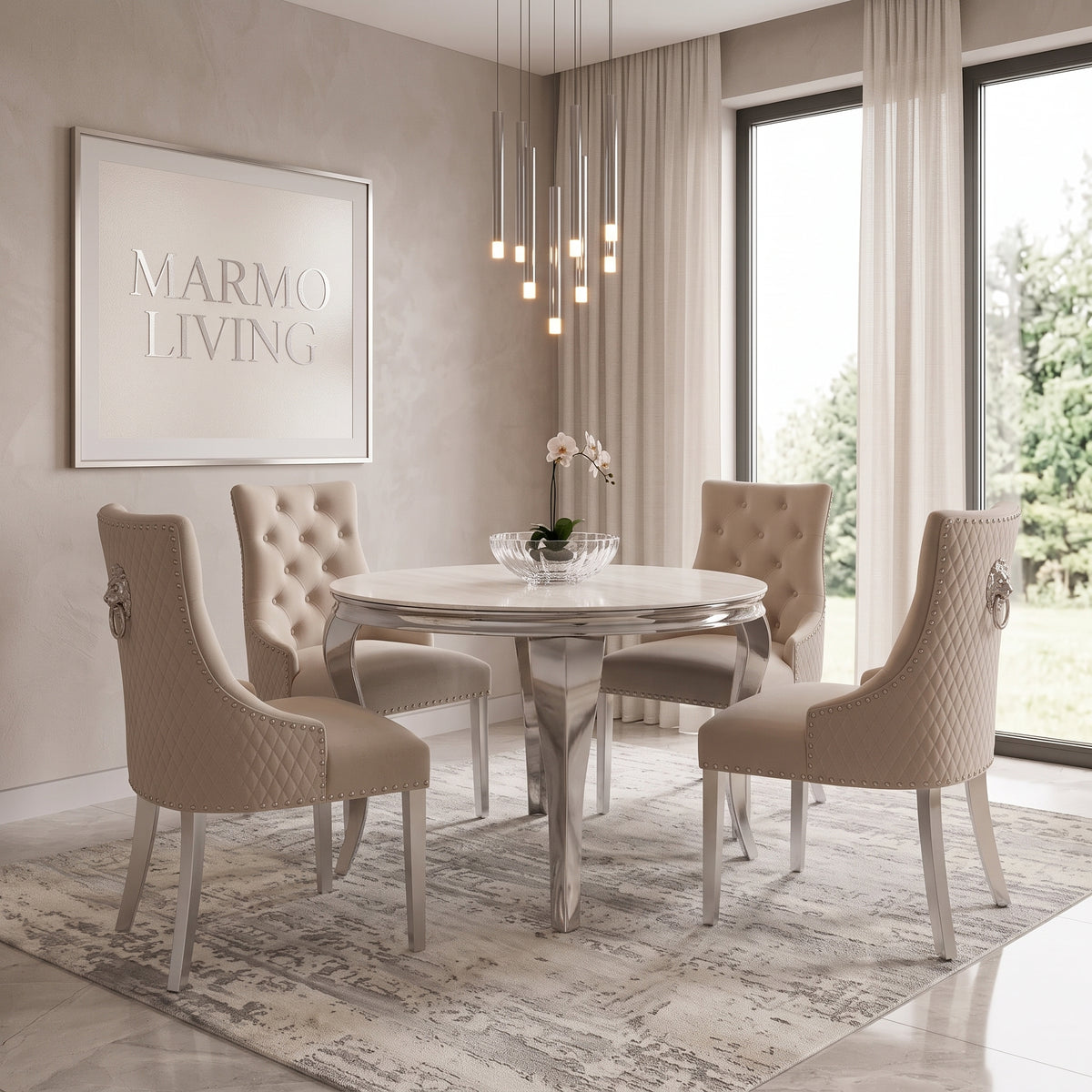Louis Cream Marble Round Dining Set with Majestic Mink Velvet Chairs