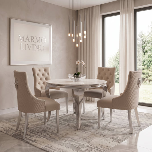 Louis Cream Marble Round Dining Set with Majestic Mink Velvet Chairs