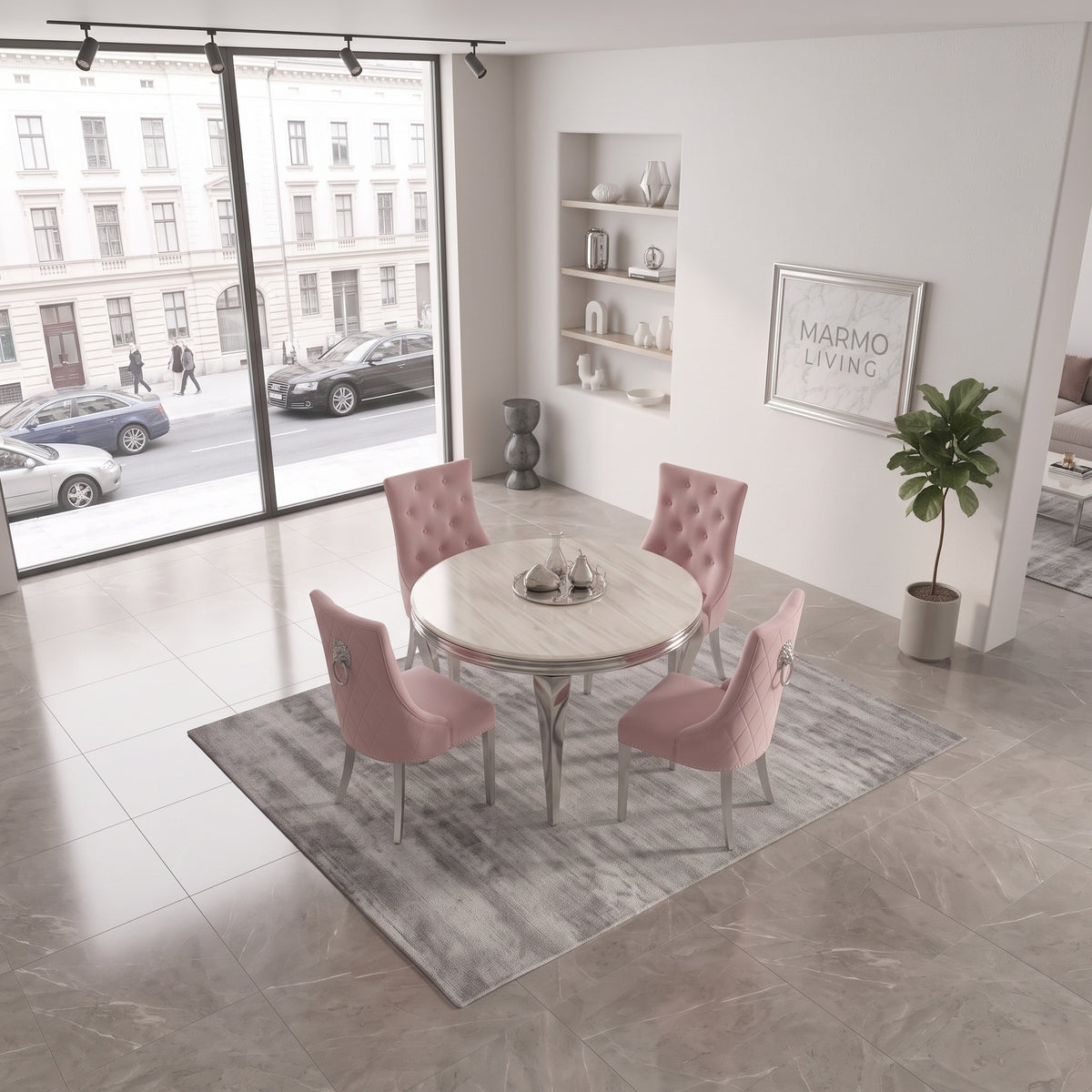 Louis Cream Marble Round Dining Set with Majestic Pink Velvet Chairs