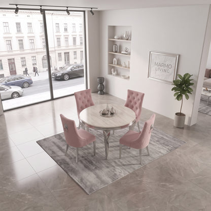Louis Cream Marble Round Dining Set with Majestic Pink Velvet Chairs