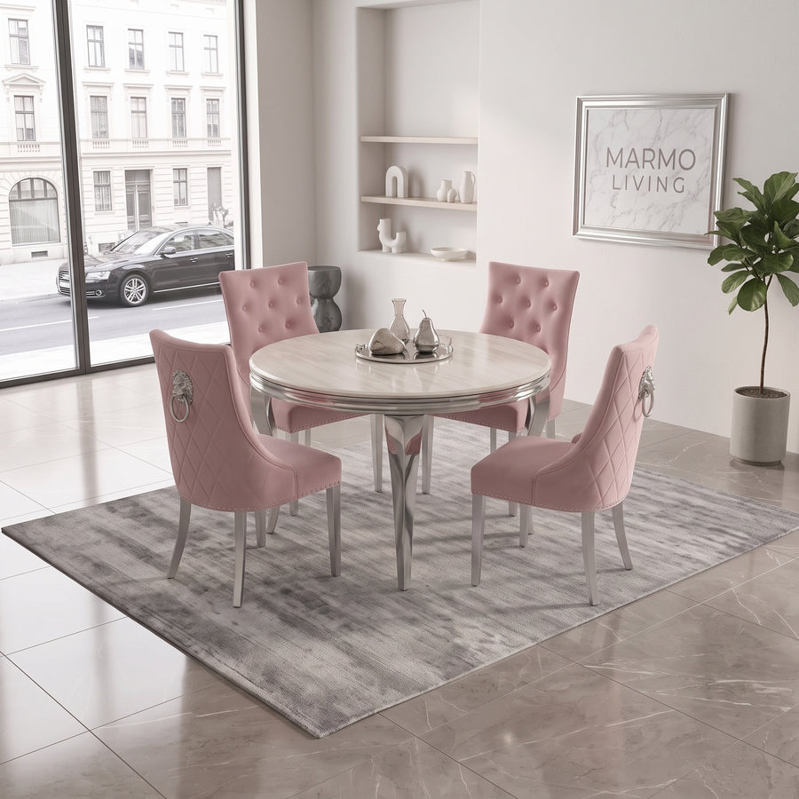 Louis Cream Marble Round Dining Set with Majestic Pink Velvet Chairs