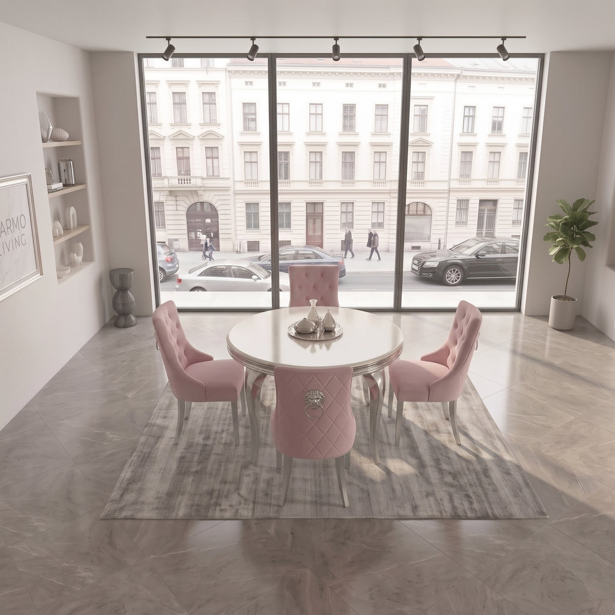 Louis Cream Marble Round Dining Set with Majestic Pink Velvet Chairs