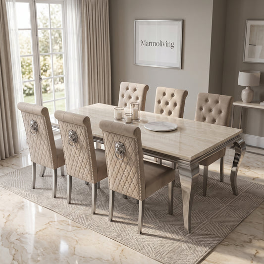 Louis Cream Marble Dining Set with Lucy Mink Velvet Chairs