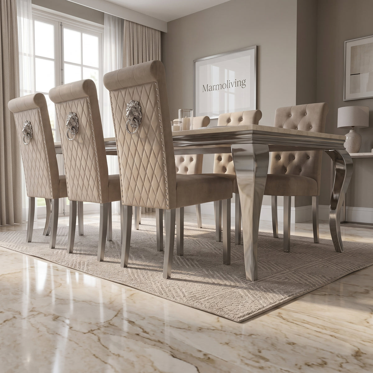 Louis Cream Marble Dining Set with Lucy Mink Velvet Chairs