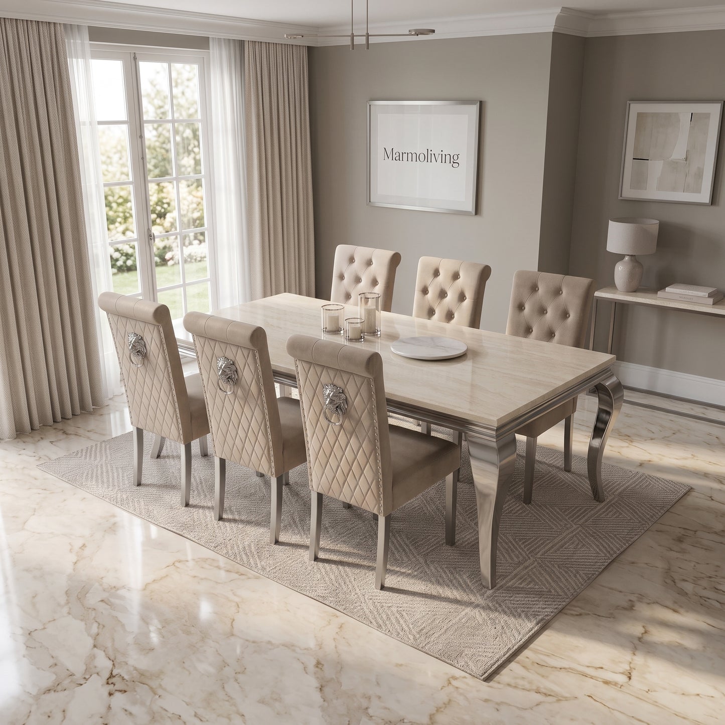 Louis Cream Marble Dining Set with Lucy Mink Velvet Chairs