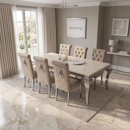 Louis Cream Marble Dining Set with Lucy Mink Velvet Chairs
