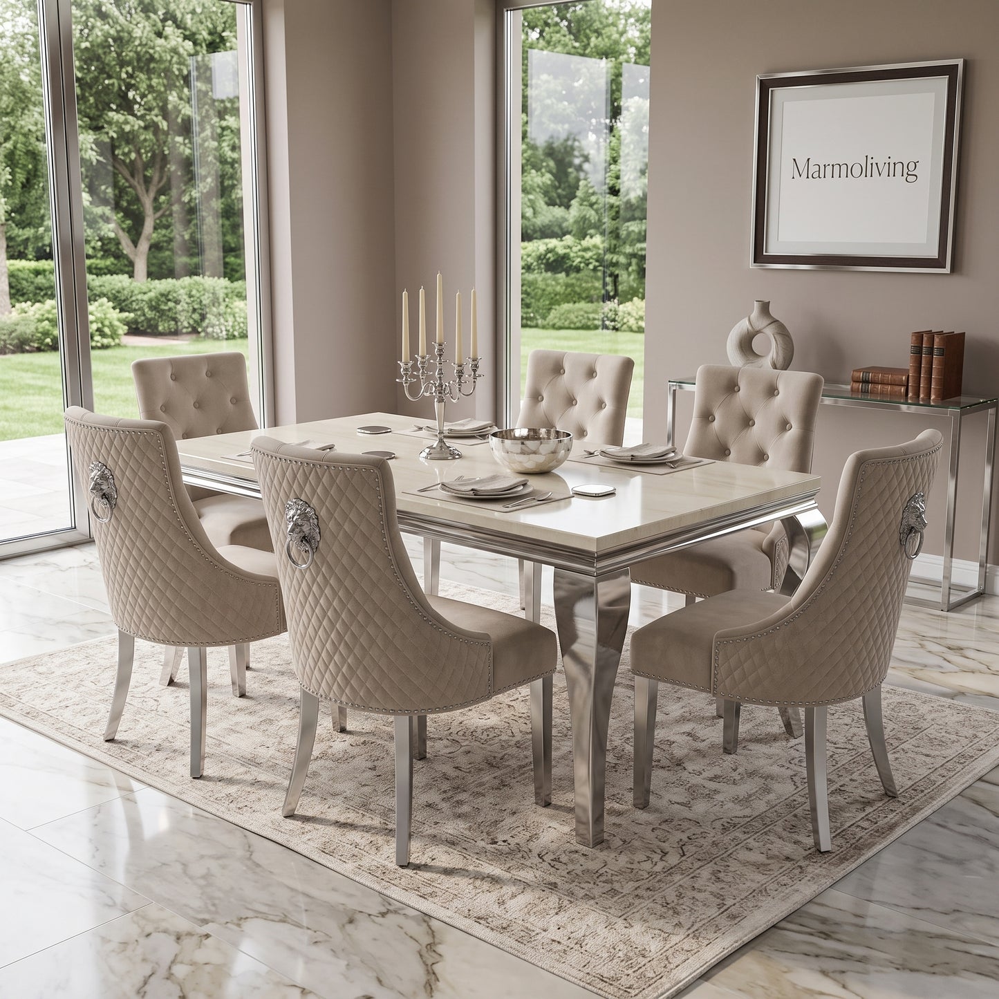 Louis Cream Marble Dining Set with Majestic Mink Velvet Chairs