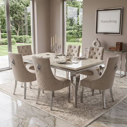 Louis Cream Marble Dining Set with Majestic Mink Velvet Chairs