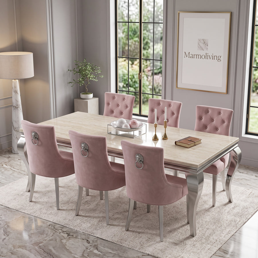 Louis Cream Marble Dining Set with Majestic Pink Velvet Chairs