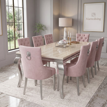 Louis Cream Marble Dining Set with Majestic Pink Velvet Chairs