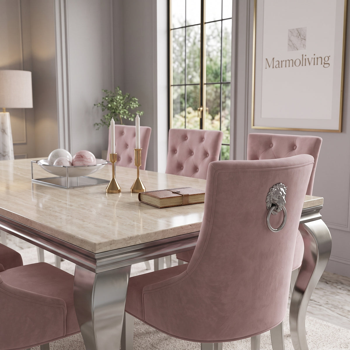 Louis Cream Marble Dining Set with Majestic Pink Velvet Chairs