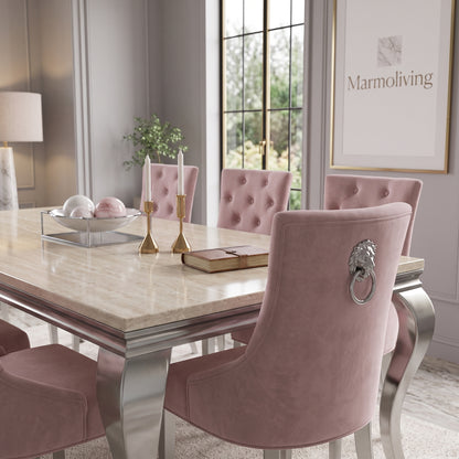 Louis Cream Marble Dining Set with Majestic Pink Velvet Chairs