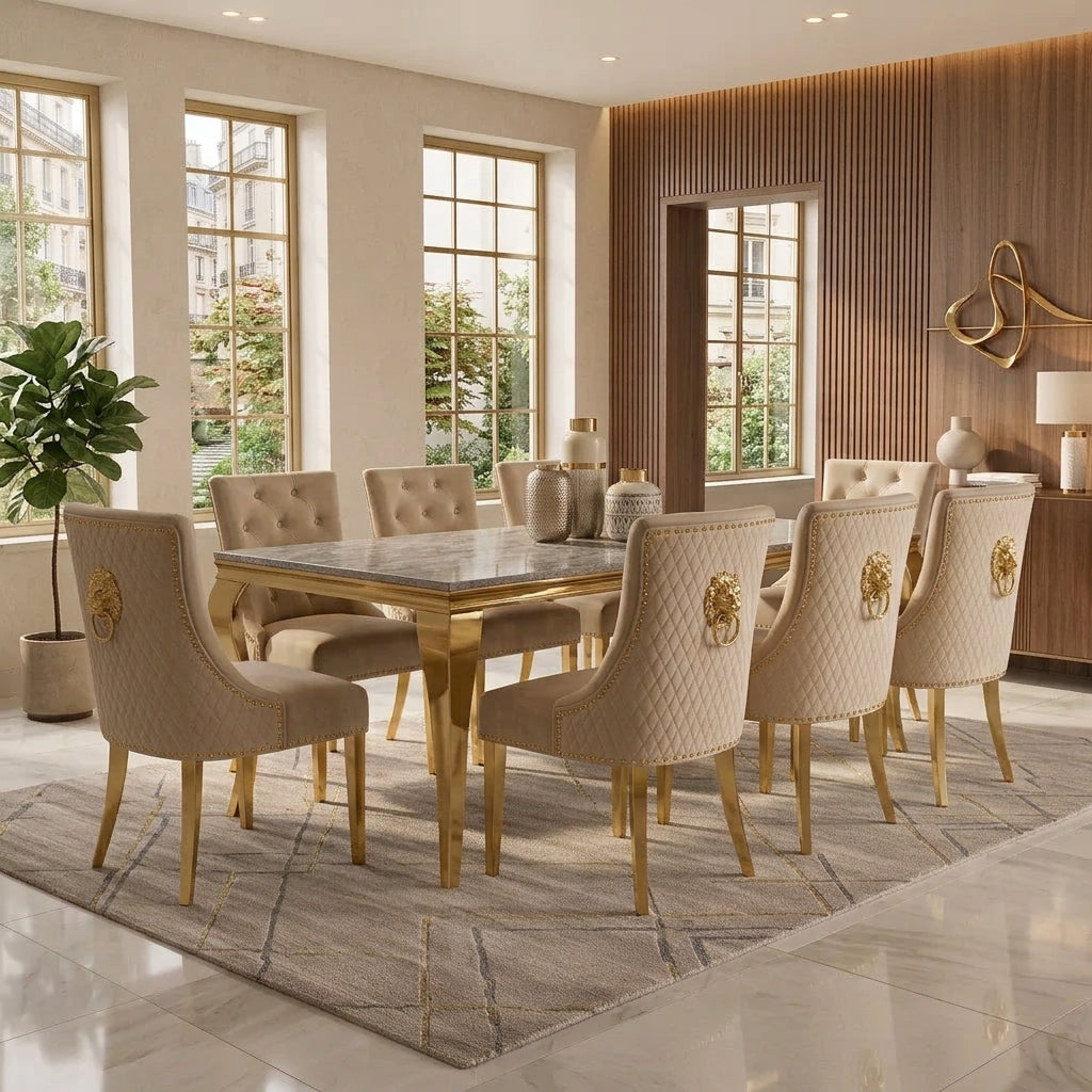 Louis Grey Gold Marble Dining Set with Majestic Mink Velvet Chairs with Gold Legs