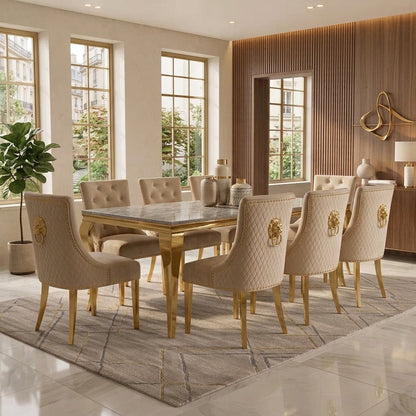 Louis Grey Gold Marble Dining Set with Majestic Mink Velvet Chairs with Gold Legs