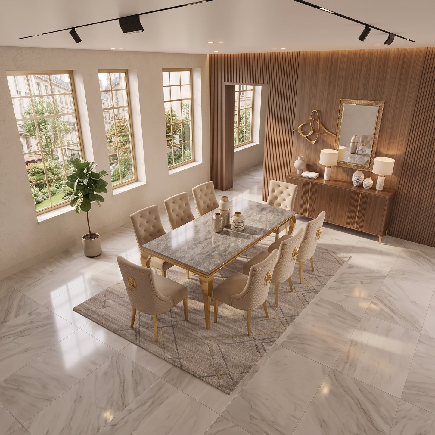 Louis Grey Gold Marble Dining Set with Majestic Mink Velvet Chairs with Gold Legs