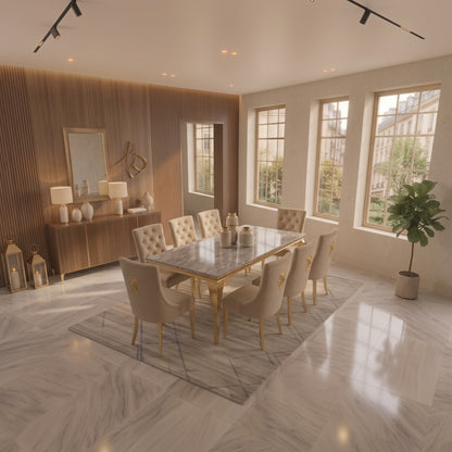 Louis Grey Gold Marble Dining Set with Majestic Mink Velvet Chairs with Gold Legs