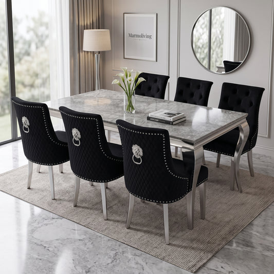 Louis Grey Marble Dining Set with Majestic Black Velvet Chairs