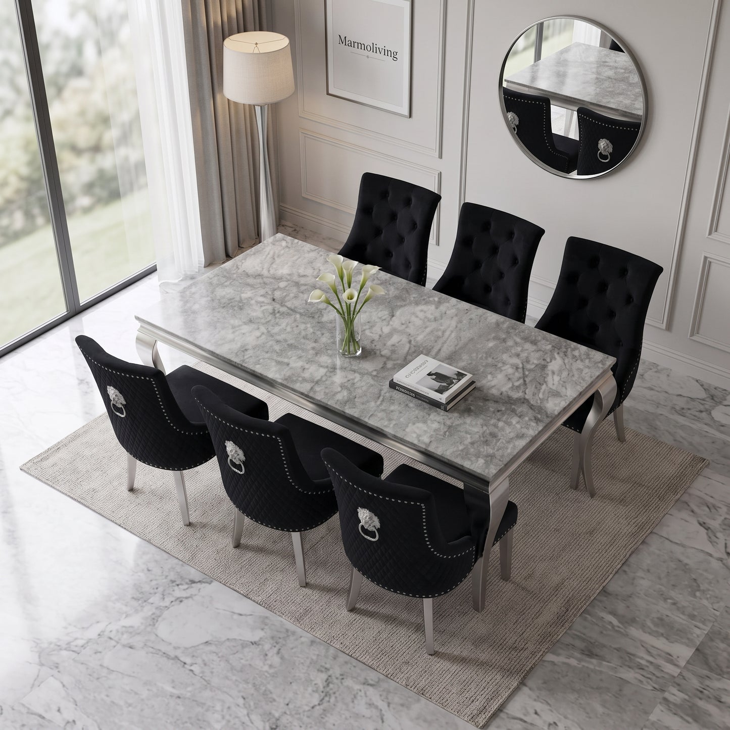 Louis Grey Marble Dining Set with Majestic Black Velvet Chairs