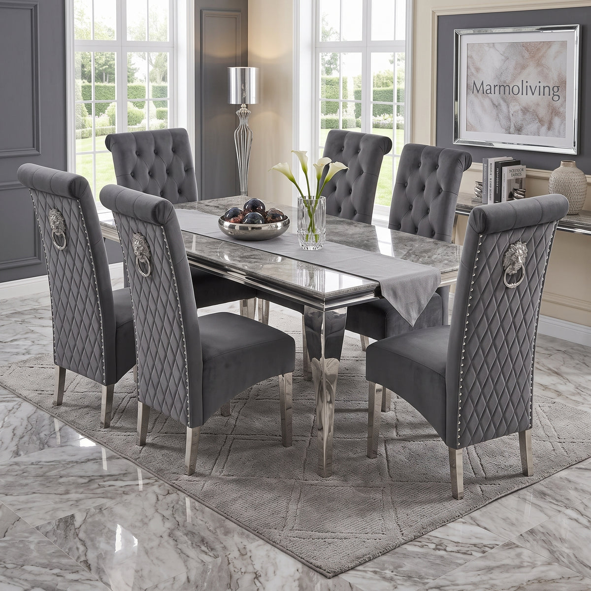 Louis Grey Marble Dining Set with Lucy Dark Grey Velvet Chairs