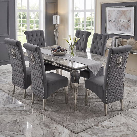Louis Grey Marble Dining Set with Lucy Dark Grey Velvet Chairs