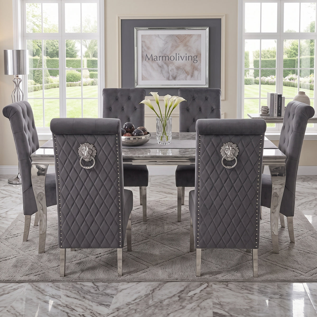 Louis Grey Marble Dining Set with Lucy Dark Grey Velvet Chairs