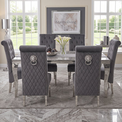 Louis Grey Marble Dining Set with Lucy Dark Grey Velvet Chairs