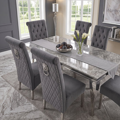 Louis Grey Marble Dining Set with Lucy Dark Grey Velvet Chairs