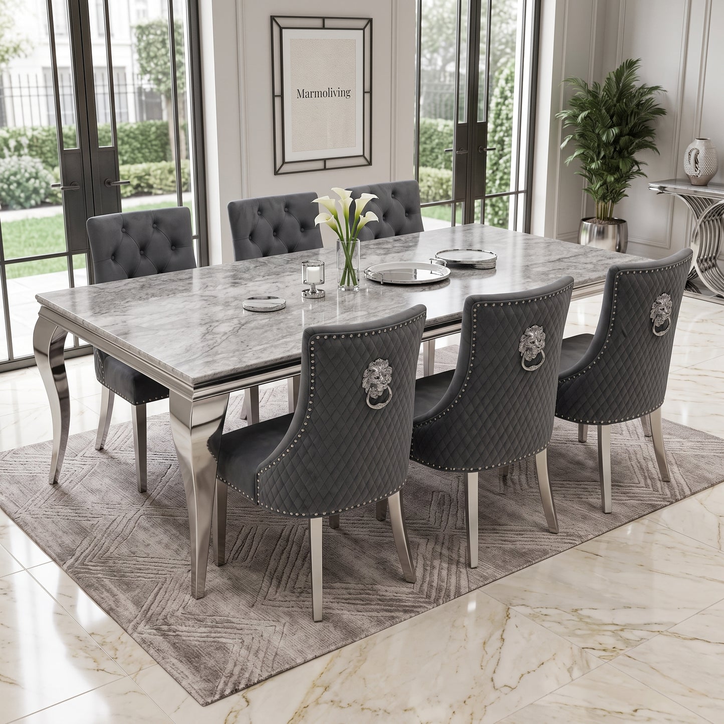 Louis Grey Marble Dining Set with Majestic Dark Grey Velvet Chairs