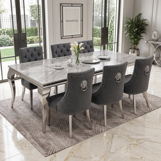 Louis Grey Marble Dining Set with Majestic Dark Grey Velvet Chairs