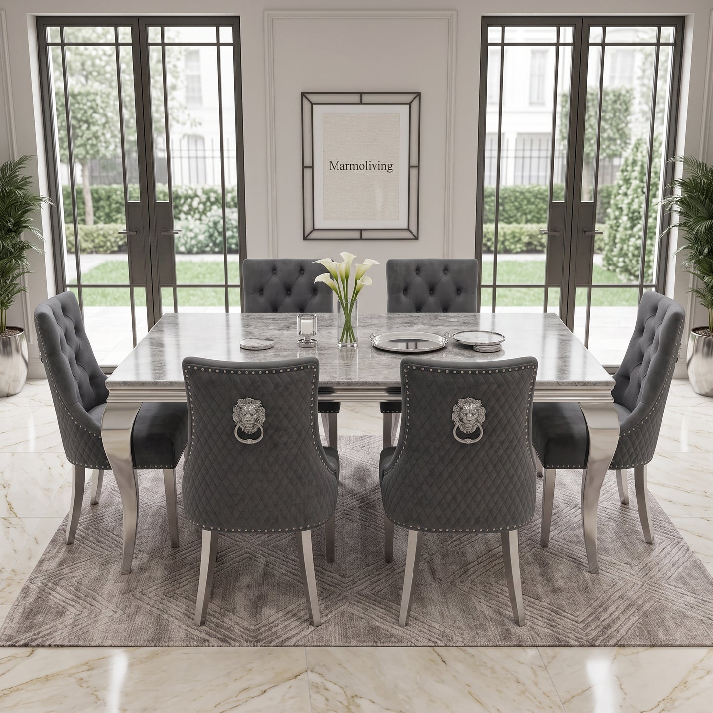 Louis Grey Marble Dining Set with Majestic Dark Grey Velvet Chairs