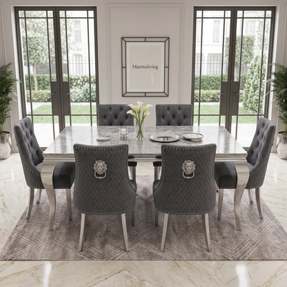 Louis Grey Marble Dining Set with Majestic Dark Grey Velvet Chairs