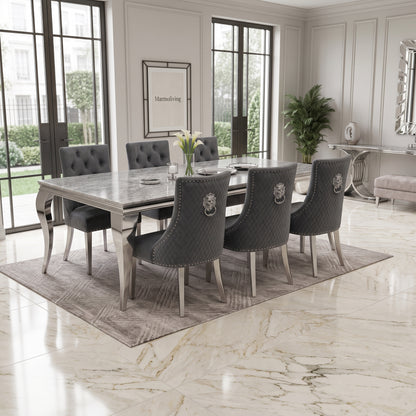 Louis Grey Marble Dining Set with Majestic Dark Grey Velvet Chairs