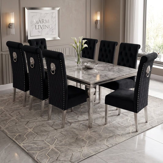 Louis Grey Marble Dining Set with Lucy Black Velvet Chairs