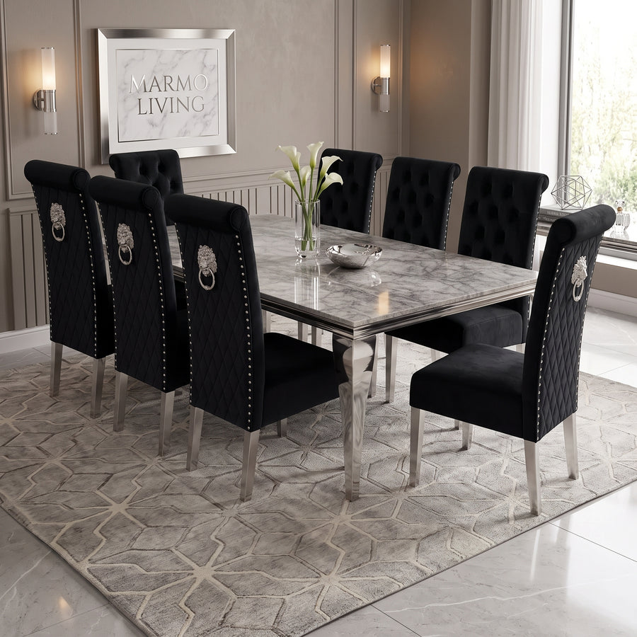 Louis Grey Marble Dining Set with Lucy Black Velvet Chairs