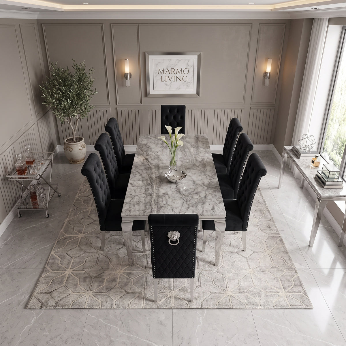 Louis Grey Marble Dining Set with Lucy Black Velvet Chairs