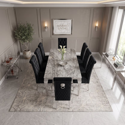 Louis Grey Marble Dining Set with Lucy Black Velvet Chairs