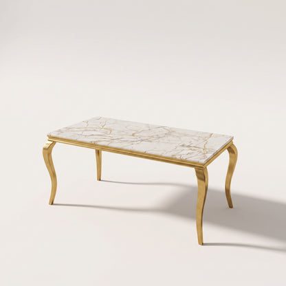 Louis White Gold Marble Dining Set with Majestic Mink Velvet Chairs with Gold Legs