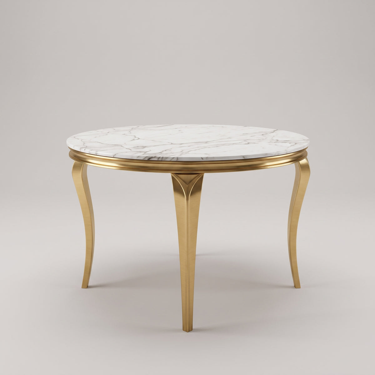 Louis White Gold Marble Round Dining Set with Majestic Mink Velvet Chairs with Gold Legs