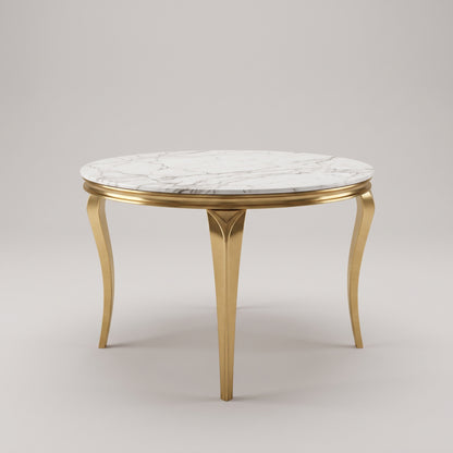 Louis White Gold Marble Round Dining Set with Majestic Mink Velvet Chairs with Gold Legs