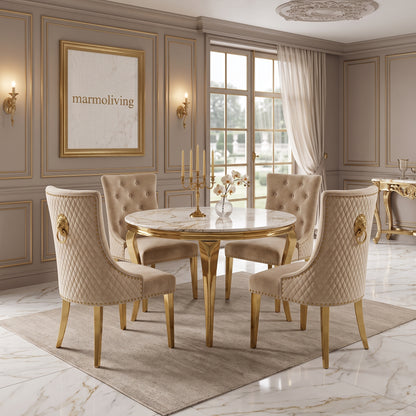 Louis White Gold Marble Round Dining Set with Majestic Mink Velvet Chairs with Gold Legs