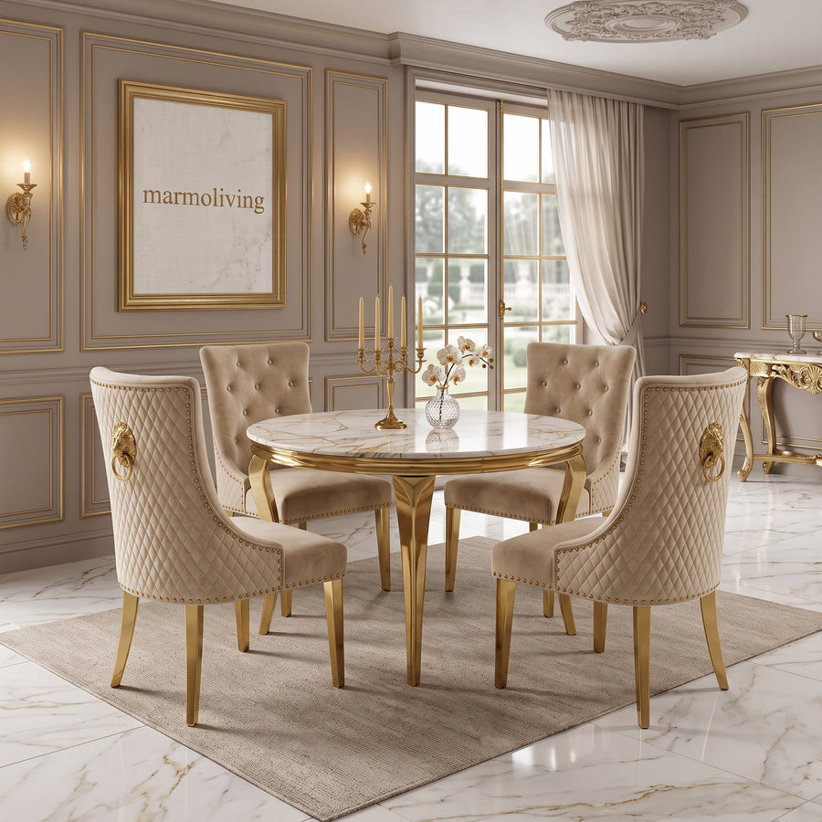 Louis White Gold Marble Round Dining Set with Majestic Mink Velvet Chairs with Gold Legs