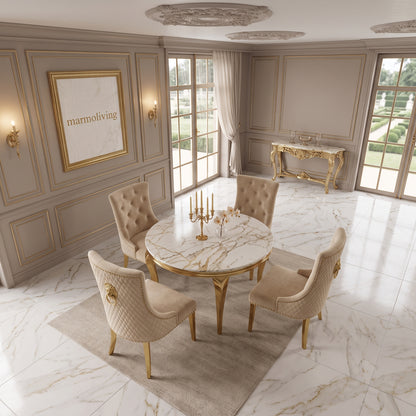 Louis White Gold Marble Round Dining Set with Majestic Mink Velvet Chairs with Gold Legs